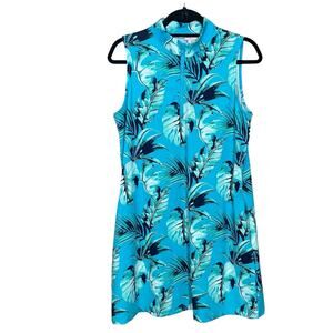 Tommy Bahama Womens Golf Dress Large Turquoise Leaf Sleeveless Tropical Print